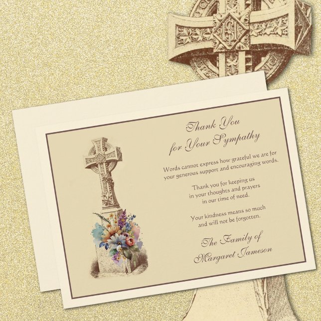Cartão De Agradecimento Simpatia Celtic Cross Floral Funeral Condolence (Celtic Cross with Flowers Funeral Thank You Cards)