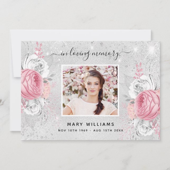 Cartão De Agradecimento Simpatia com brilho prateado foto floral rosa (Verso)