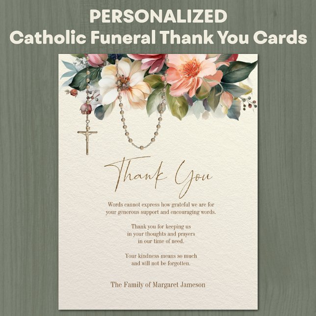 Cartão De Agradecimento Simpatia de Condolência Funeral Floral Católica Ro (Traditional Catholic Funeral Memorial Thank You Cards with Rosary & Floral Swag)