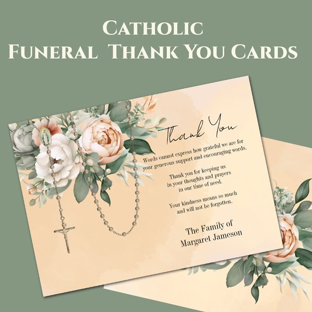 Cartão De Agradecimento Simpatia de Condolência Funeral Floral Católica Ro (Traditional Catholic Funeral Thank You Memorial Cards  - Easy to personalize)