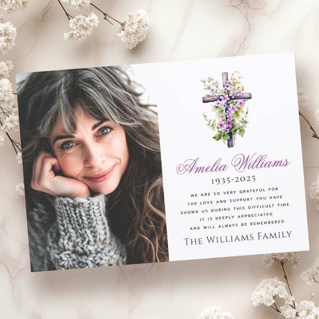 Cartão De Agradecimento Simpatia de flor em aquarela obrigado (Watercolor cross flower sympathy photo thank you)