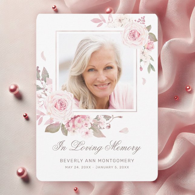 Cartão De Agradecimento Simpatia Elegante Rosa Rosa Rosa Rosa Floral Foto  (Elegant Pink Roses Photo Funeral Thank You Card for Women)