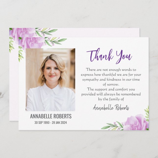 Cartão De Agradecimento Simpatia Flores Púrpura e Rosa Foto Funeral (Frente/Verso)