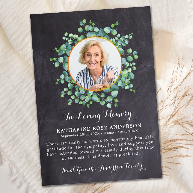 Cartão De Agradecimento Simpatia Fotográfica Eucalyptus Greenery Funeral R (Criador carregado)
