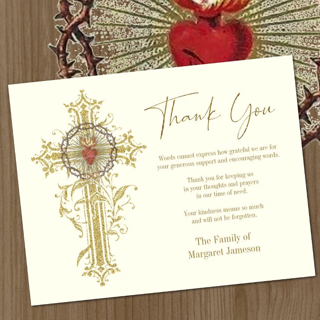 Cartão De Agradecimento Simpatia Funeral do Coração Sagrado Católico Jesus (Gold Cross with Sacred Heart of Jesus Overlay Funeral Thank you Card )