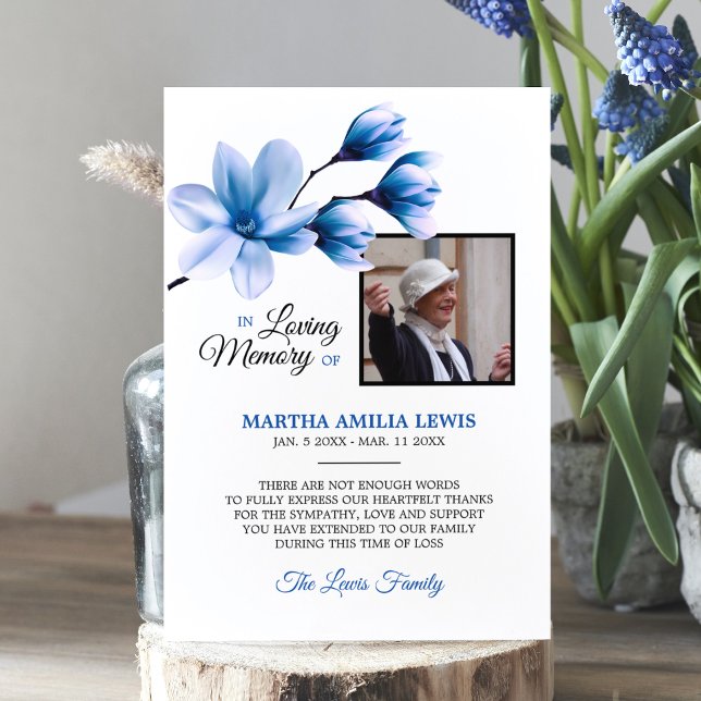 Cartão De Agradecimento Simpatia Memória Floral Azul OBRIGADO | FOTO (Criador carregado)