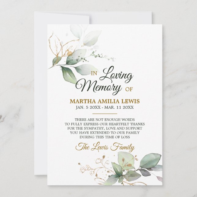 Cartão De Agradecimento Simpatia Memória Greenery Dourado OBRIGADO| POEM (Frente)