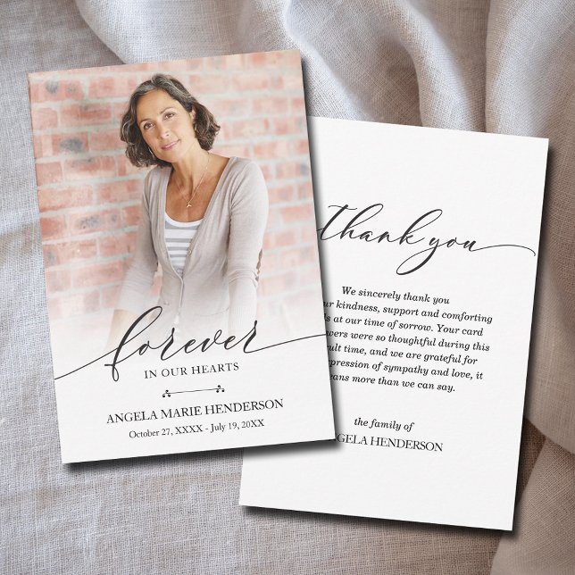 Cartão De Agradecimento Simpatia Memorial do Funeral Fotográfico Moderno (Forever in our Hearts celebration of life photo flat thank you cards 3.5" x 5" (or larger))
