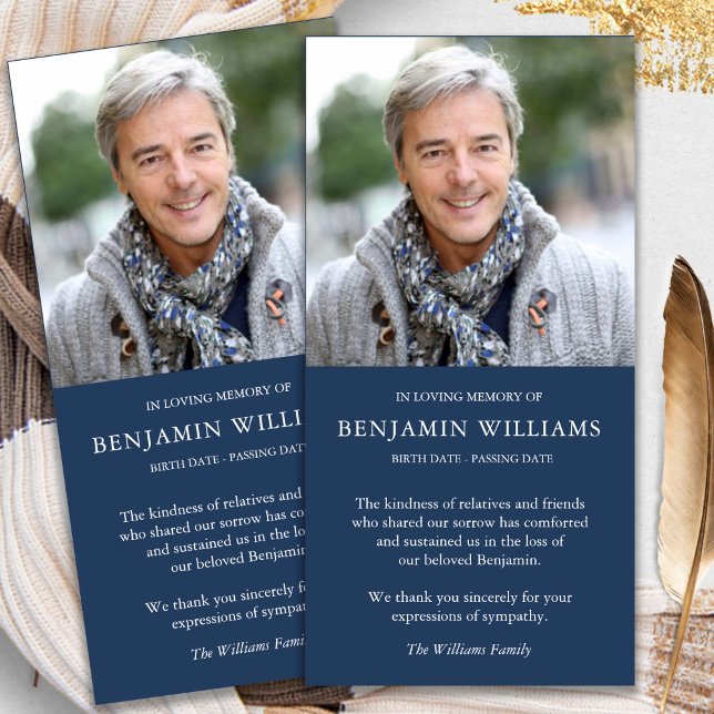 Cartão De Agradecimento Simpatia Perda de Marinho Fotográfico Funeral Obri (funeral thank you cards, bereavement, elegant, simple, celebration of life, sympathy card)