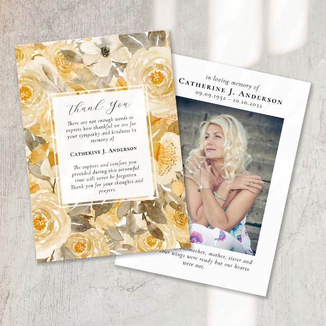 Cartão De Agradecimento Simpatia por Foto Floral Amarela bonito Funeral (Criador carregado)