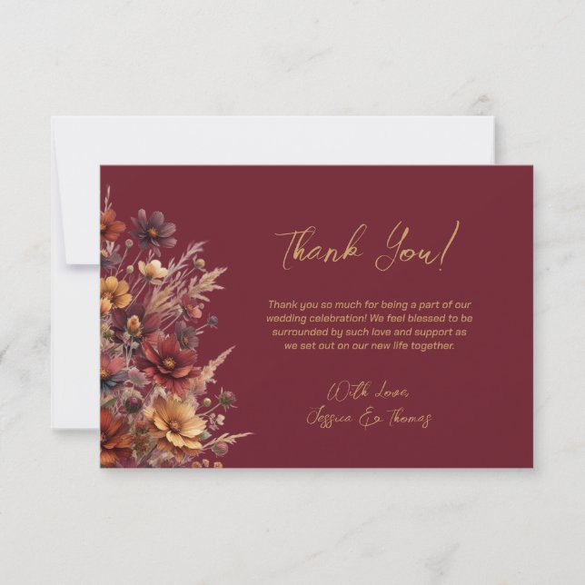 Cartão De Agradecimento Simple Boho Chic Wildflowers Burgundy Wedding (Frente)