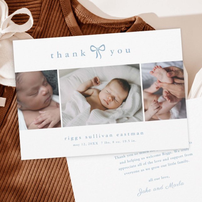 Cartão De Agradecimento Simple Bow Boy Photo Collage Baby (Simple bow baby boy photo thank you cards.)