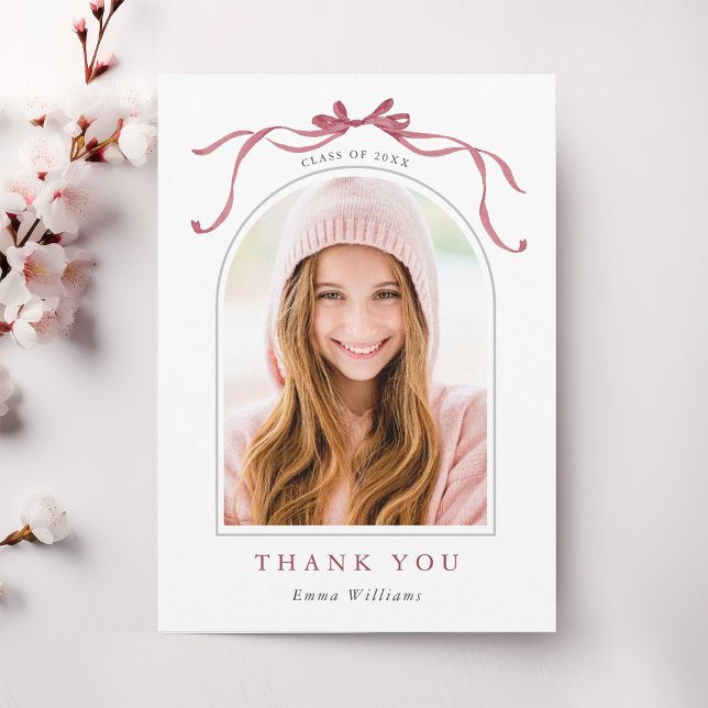 Cartão De Agradecimento Simple Deep Blush Bow Graduation Photo (Criador carregado)