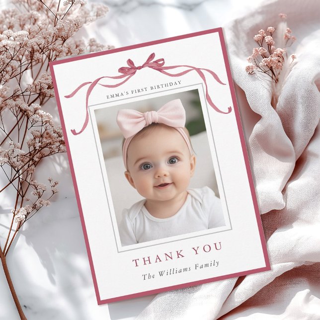Cartão De Agradecimento Simple Deep Blush Pink Bow Birthday Photo  (Criador carregado)