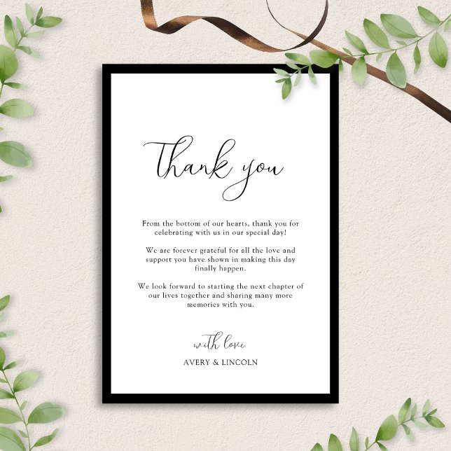Cartão De Agradecimento Simple Elegant Black & White Border Script Wedding (Criador carregado)