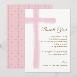 Cartão De Agradecimento Simple Elegant Pink Cross First Holy Communion
