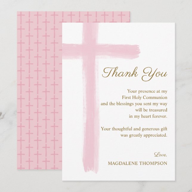 Cartão De Agradecimento Simple Elegant Pink Cross First Holy Communion  (Frente/Verso)
