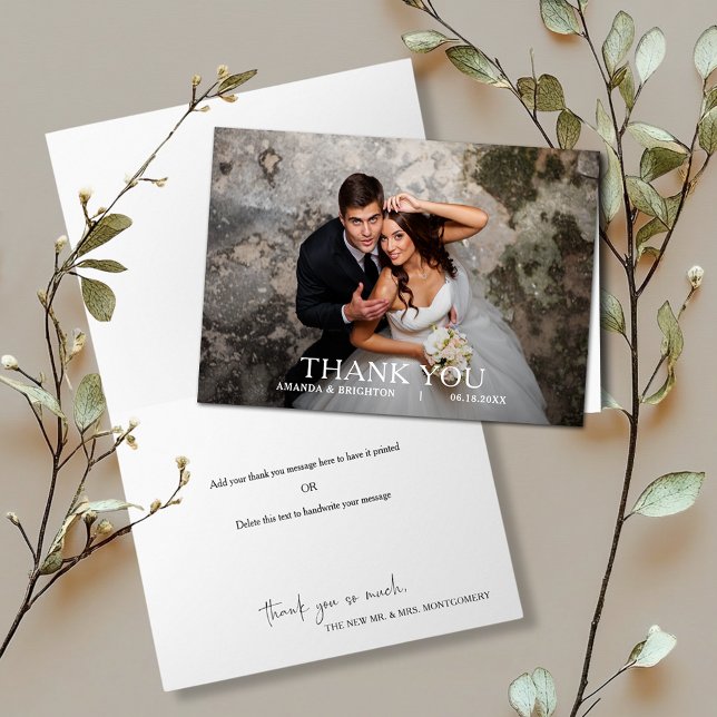 Cartão De Agradecimento Simple Modern Wedding Photo Thank You (Modern simple wedding photo folded thank you notes with our message inside or leave blank)