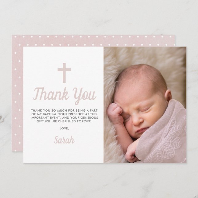 Cartão De Agradecimento Simple Pink Girl Baptism Christening Photo (Frente/Verso)