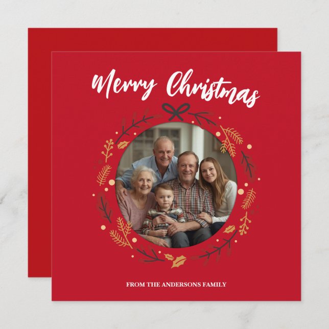 Cartão De Agradecimento Simple red Christmas Wreath Photo Family name (Frente/Verso)