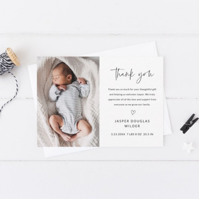 Cartão De Agradecimento Simple Script Black and White Baby Photo (Simple handwritten black and white baby photo thank you card.)