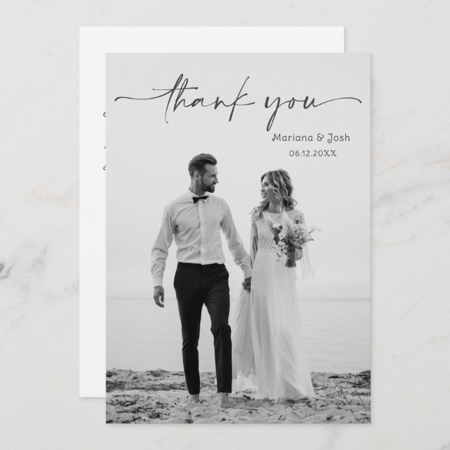 Cartão De Agradecimento Simple Script Modern Wedding Photo Thank You Card (Frente/Verso)