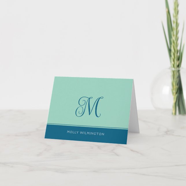 Cartão De Agradecimento Simple Script Monogram Teal Navy Blue Note Cards (Frente)