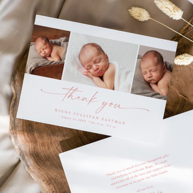 Cartão De Agradecimento Simple Script Photo Collage Baby (Elegant modern script 3 photo collage baby thank you announcement card.)