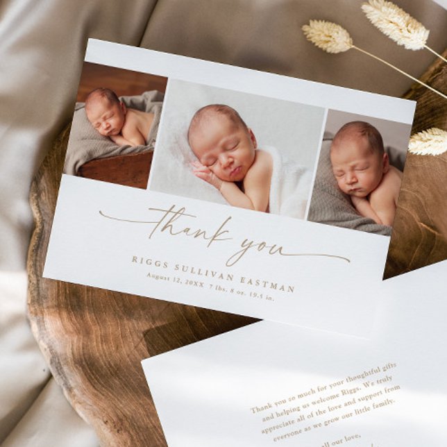 Cartão De Agradecimento Simple Script Photo Collage Baby (Elegant modern script 3 photo collage baby thank you announcement card.)