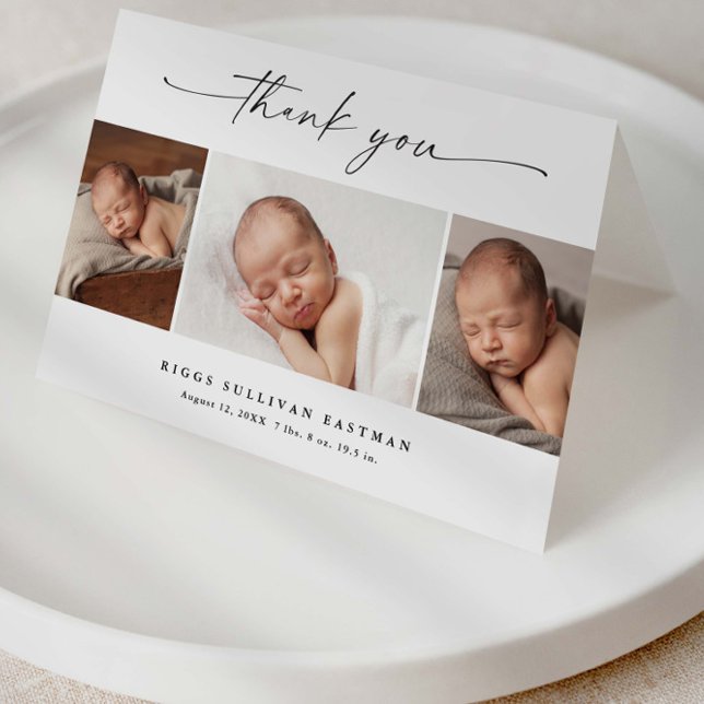 Cartão De Agradecimento Simple Script Photo Collage Baby (Modern script 2 photo collage baby announcement thank you cards.)