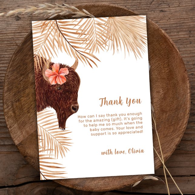 Cartão De Agradecimento Simples Boho Floral Santa Chá de fraldas (Simple Boho Floral Holy Cow Girl Baby Shower Thank You Card)