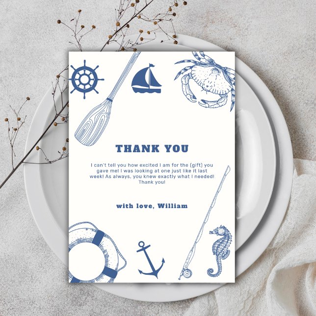 Cartão De Agradecimento Simples Chá de fraldas de Garoto Náutico Moderno (Simple Modern Nautical Fishing Boy Baby Shower Thank You Card)