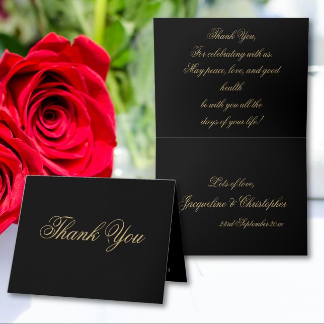 Cartão De Agradecimento Simples Elegância Clássica em Grafia Chic Preto e  (Simple, Elegant, Classic Chic Script - Black And Gold Thank You Card - inside and outside.)