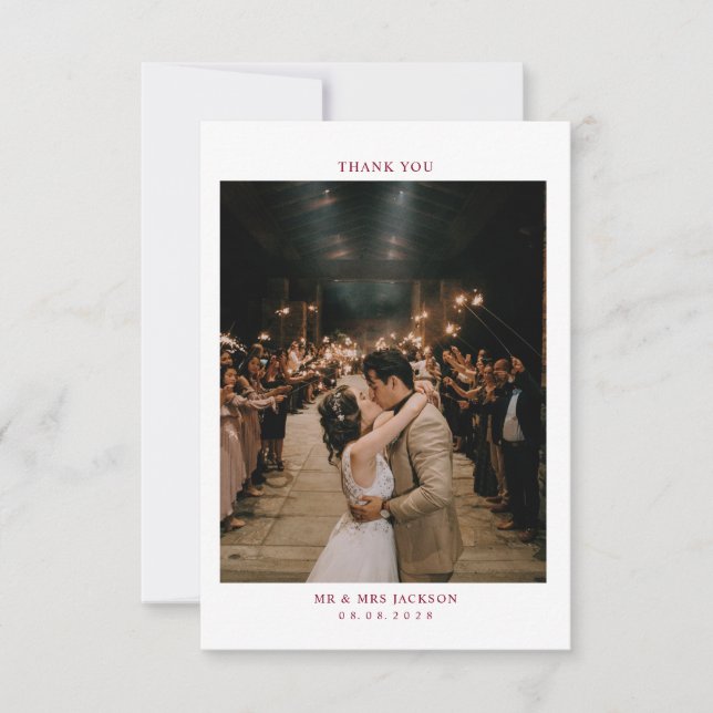 Cartão De Agradecimento Simples Elegante Burgundy com Casamento Fotográfic (Frente)