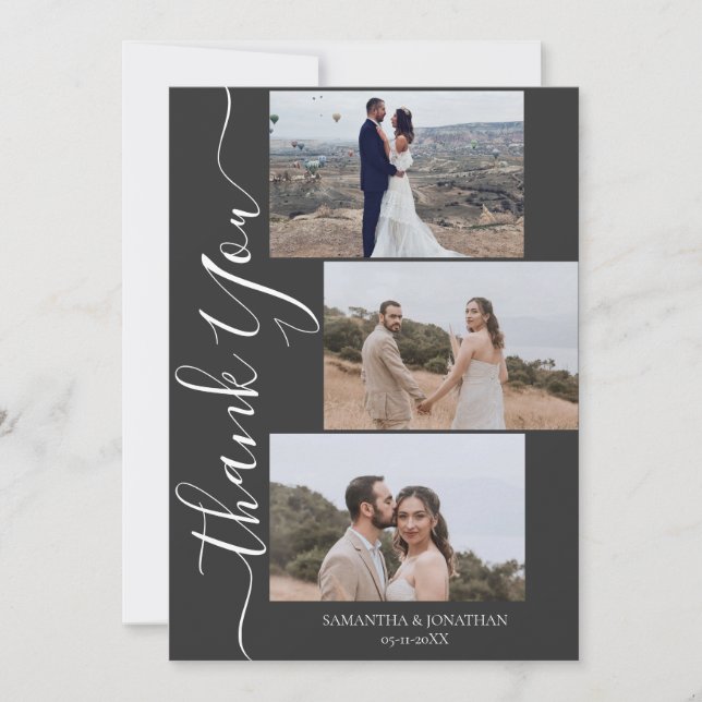 Cartão De Agradecimento Simples Elegante Modern Script 6 fotos casamento d (Frente)