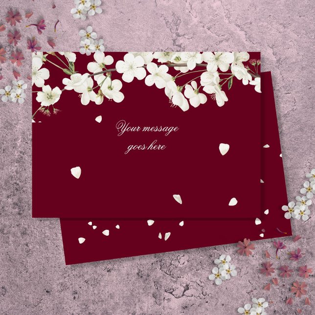 Cartão De Agradecimento Simples Flor de Cerejeira Branca Elegante Burgundy (Simple Elegant White Blossom Floral Burgundy Thank You Card)