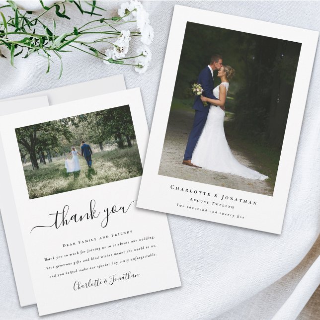 Cartão De Agradecimento Simples Foto de Casamento Moderna (Simple modern wedding photo thank you card Elegant script 2 photos bride & groom message)