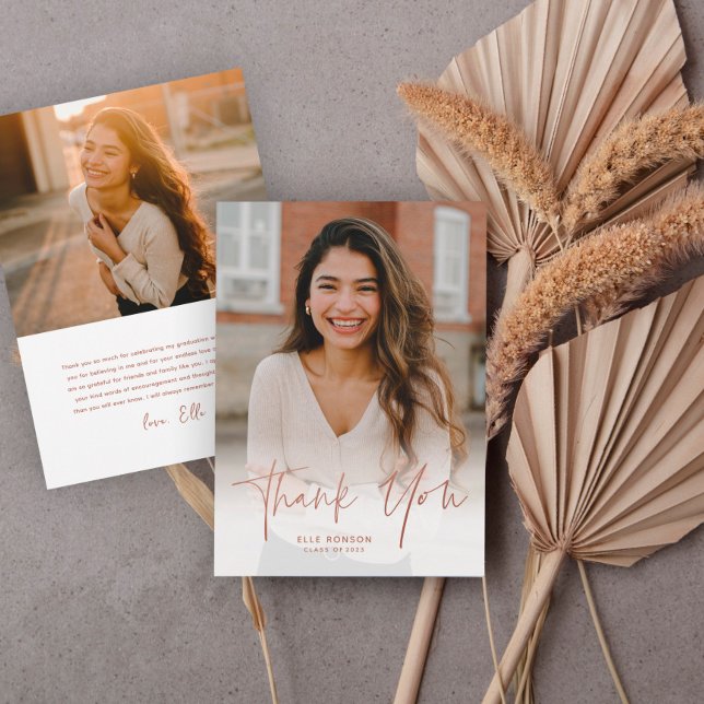 Cartão De Agradecimento Simples Graduação com Foto em Script Rose Gold 2 (Criador carregado)