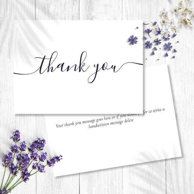 Cartão De Agradecimento Simples Moderno Elegante Azul Marinho Script (Simple Modern Elegant Navy Blue Script Thank You Card)