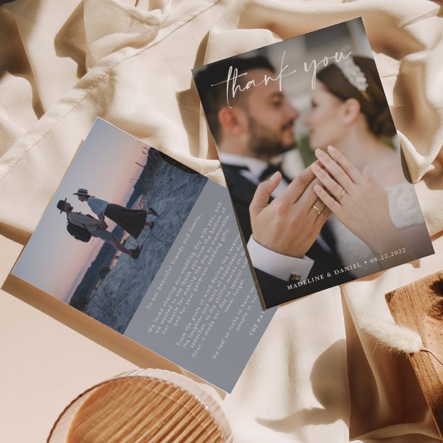 Cartão De Agradecimento Simples Script Dusty Blue com Casamento Fotográfic (Criador carregado)