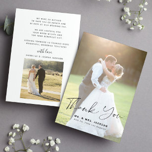 Cartão De Agradecimento Simples script moderno Elegante 2 fotos casamento