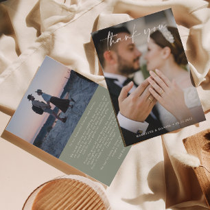 Cartão De Agradecimento Simples Script Sage Green com Photo Wedding