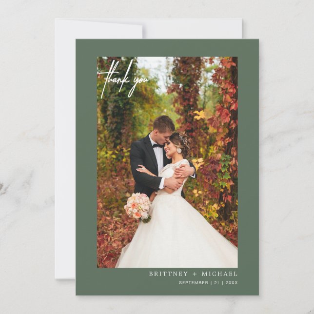 Cartão De Agradecimento Simples Script Sage Green Modern Photo (Foto verde (Frente)