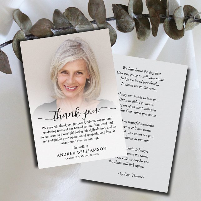 Cartão De Agradecimento Simples simpatia de Foto Funeral (Simple funeral flat thank you notes, photo and thank you on the front and poem/prayer  on the back.)