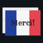 Cartão De Agradecimento Sinalizador Francês Obrigado<br><div class="desc">Obrigado,  ou Merci!,  em francês contra as cores da bandeira francesa. Você pode alterar o estilo,  tamanho e cor do texto. Se você adicionar informações à parte traseira deste convite,  poderá remover a imagem no lado traseiro se quiser um plano de fundo de cor sólida.</div>