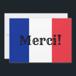 Cartão De Agradecimento Sinalizador Francês Obrigado<br><div class="desc">Obrigado, ou Merci!, em francês contra as cores da bandeira francesa. Você pode alterar o estilo, tamanho e cor do texto. Se você adicionar informações à parte traseira deste convite, poderá remover a imagem no lado traseiro se quiser um plano de fundo de cor sólida.</div>