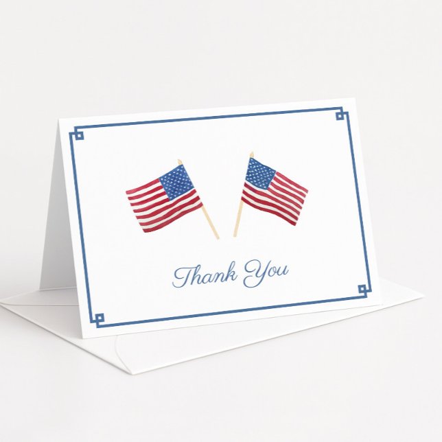 Cartão De Agradecimento Sinalizador Personalizado Eterno Watercolor Americ (Patriotic red white and blue thank you card design featuring USA flags and a smart Greek Key border)
