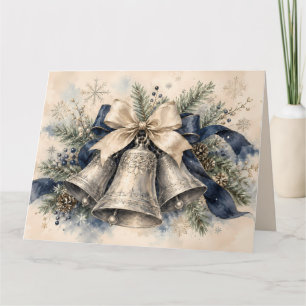 Cartão De Agradecimento Sinos de Natal Prateados Elegantes em Aquarela