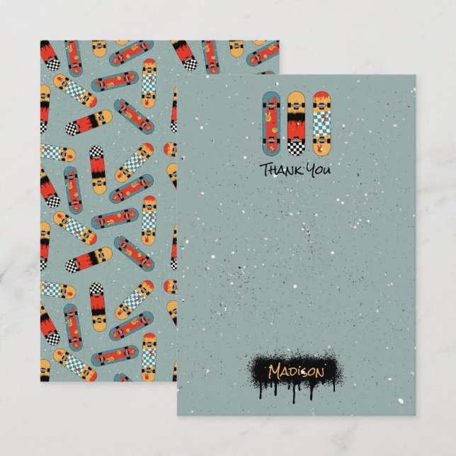 Cartão De Agradecimento Skate Retro Azul Legal Nome Personalizado Crianças (Frente/Verso)