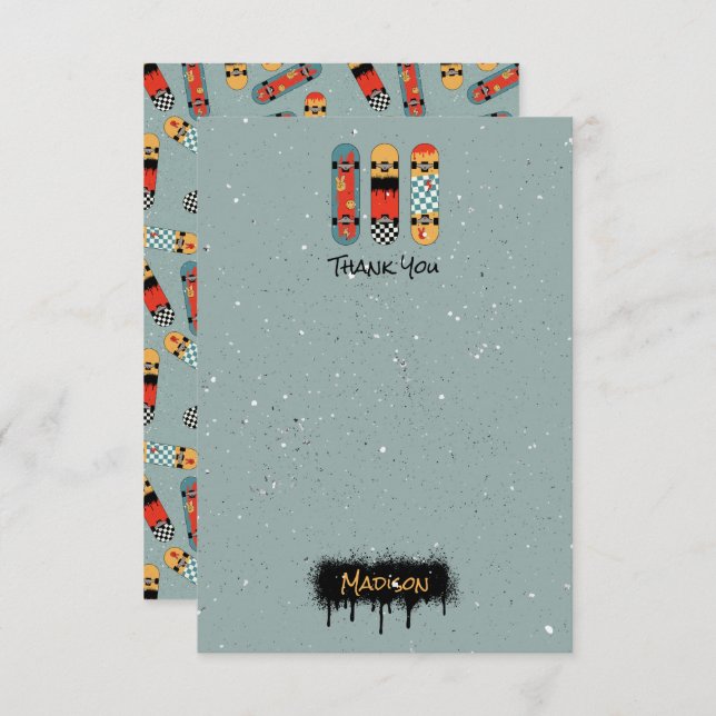 Cartão De Agradecimento Skateboard Retro Azul Legal Nome Personalizado Cri (Frente/Verso)